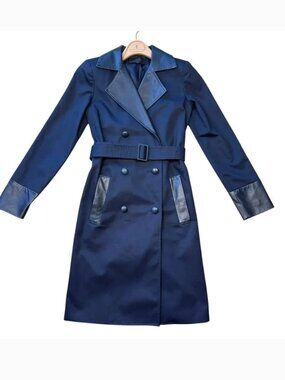Misha Nonoo Navy Royal Lambskin Leather Trench Coat Size 0